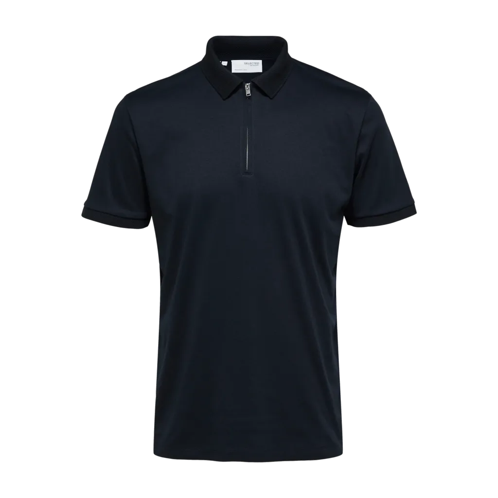 Polo shirt with half zip- Made of organic cotton and recycled polyester- Interlock fabric is a little thicker and smoother- Regular fit- Ribbed collar and cuffs- Mercerized for durability and a silk-like luster