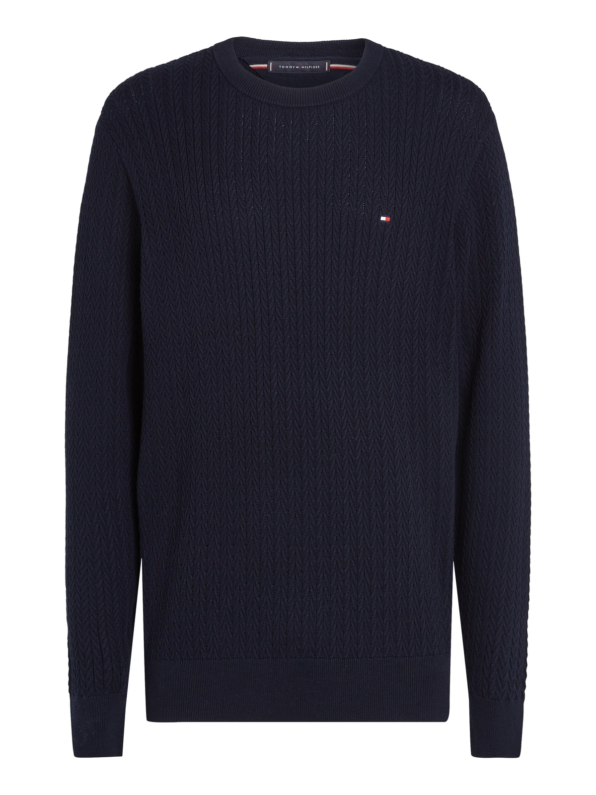 Tommy Hilfiger Herringbone Structure Crew Neck Jumper. Crafted from soft, premium fabric, this jumper features a sophisticated herringbone pattern that adds texture and depth to any casual or smart-casual outfit.