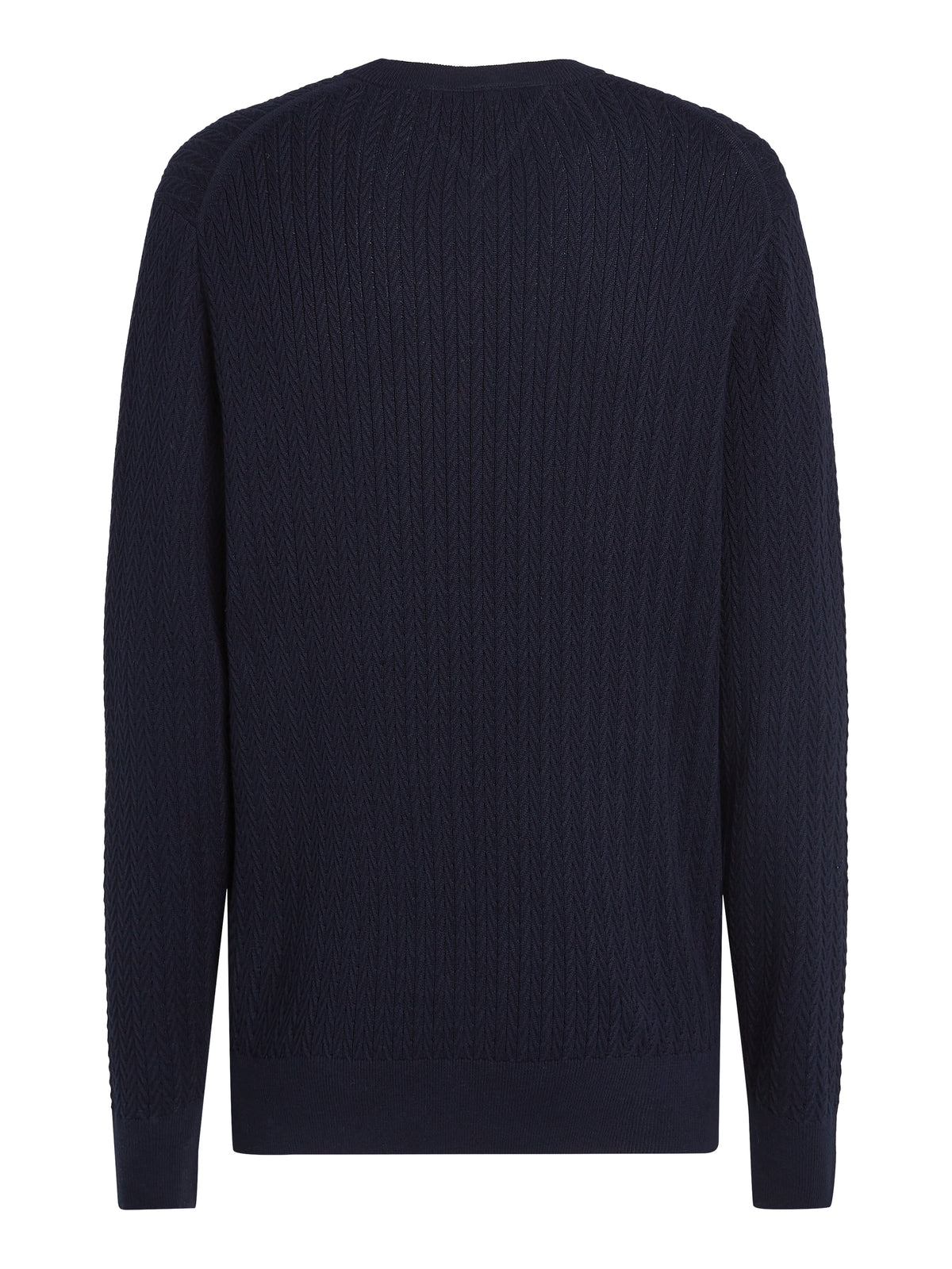 Tommy Hilfiger Herringbone Structure Crew Neck Jumper. Crafted from soft, premium fabric, this jumper features a sophisticated herringbone pattern that adds texture and depth to any casual or smart-casual outfit.